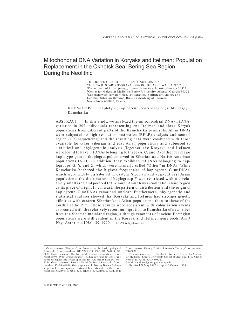 Mitochondrial DNA Variation in Koryaks and Itel'men: Population