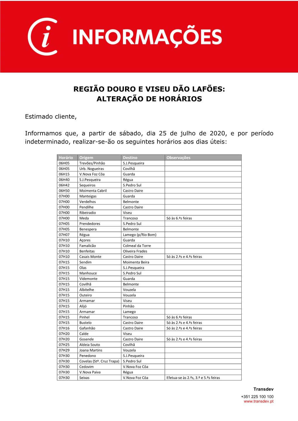 Região Douro E Viseu Dão Lafões: Alteração De Horários