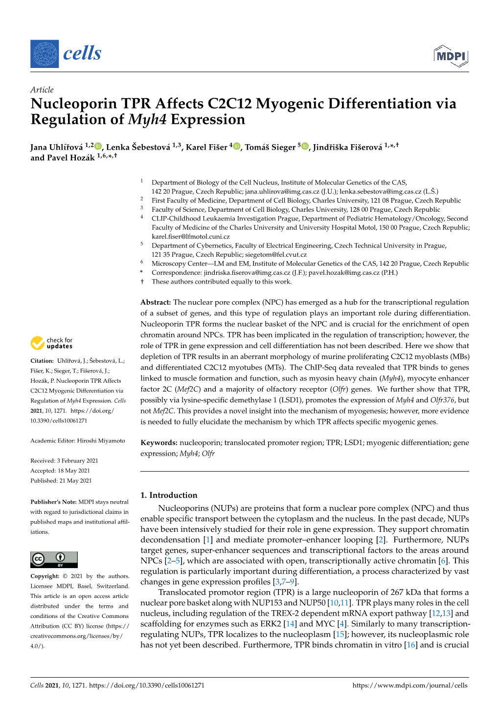 Nucleoporin TPR Affects C2C12 Myogenic Differentiation Via Regulation of Myh4 Expression