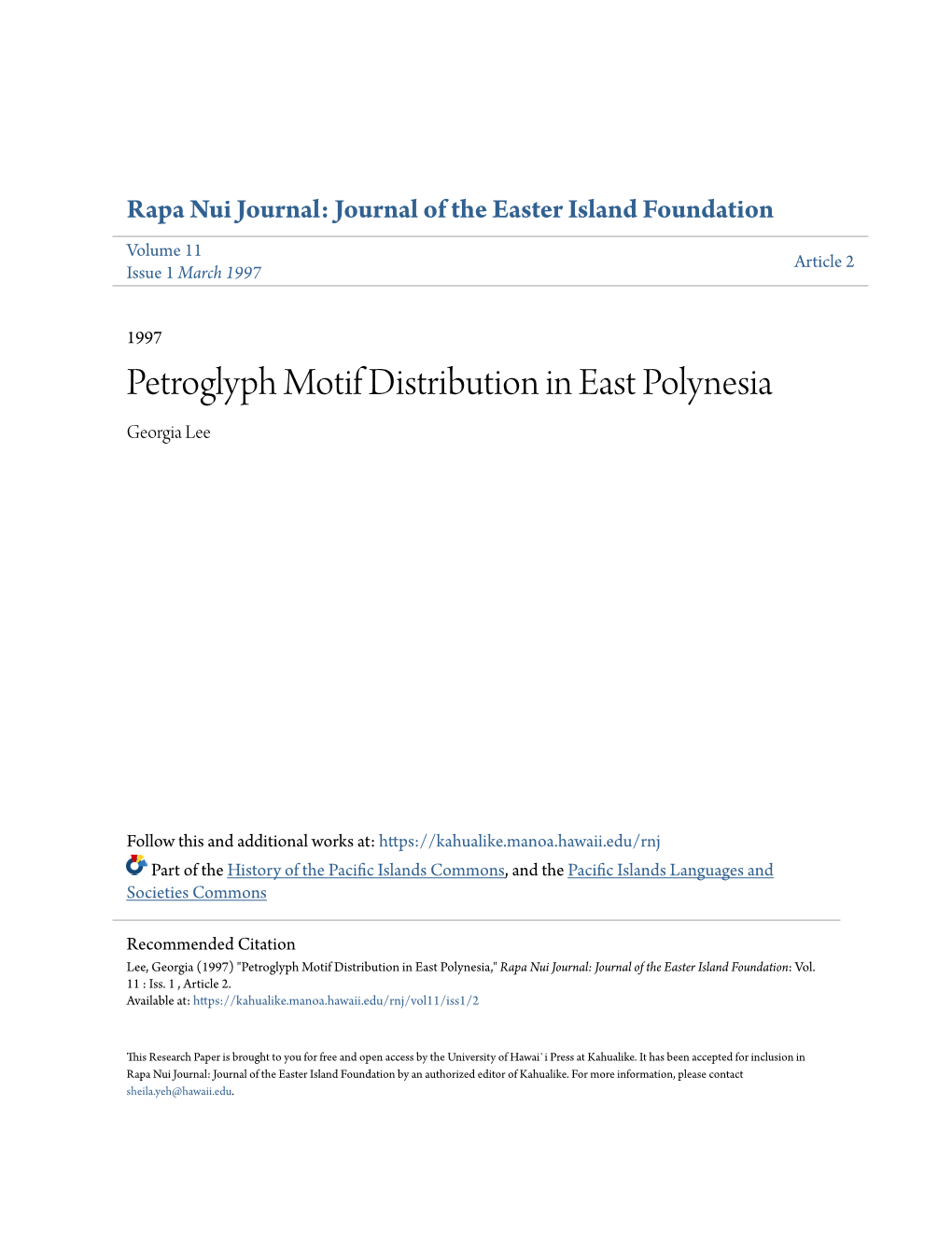 Petroglyph Motif Distribution in East Polynesia Georgia Lee