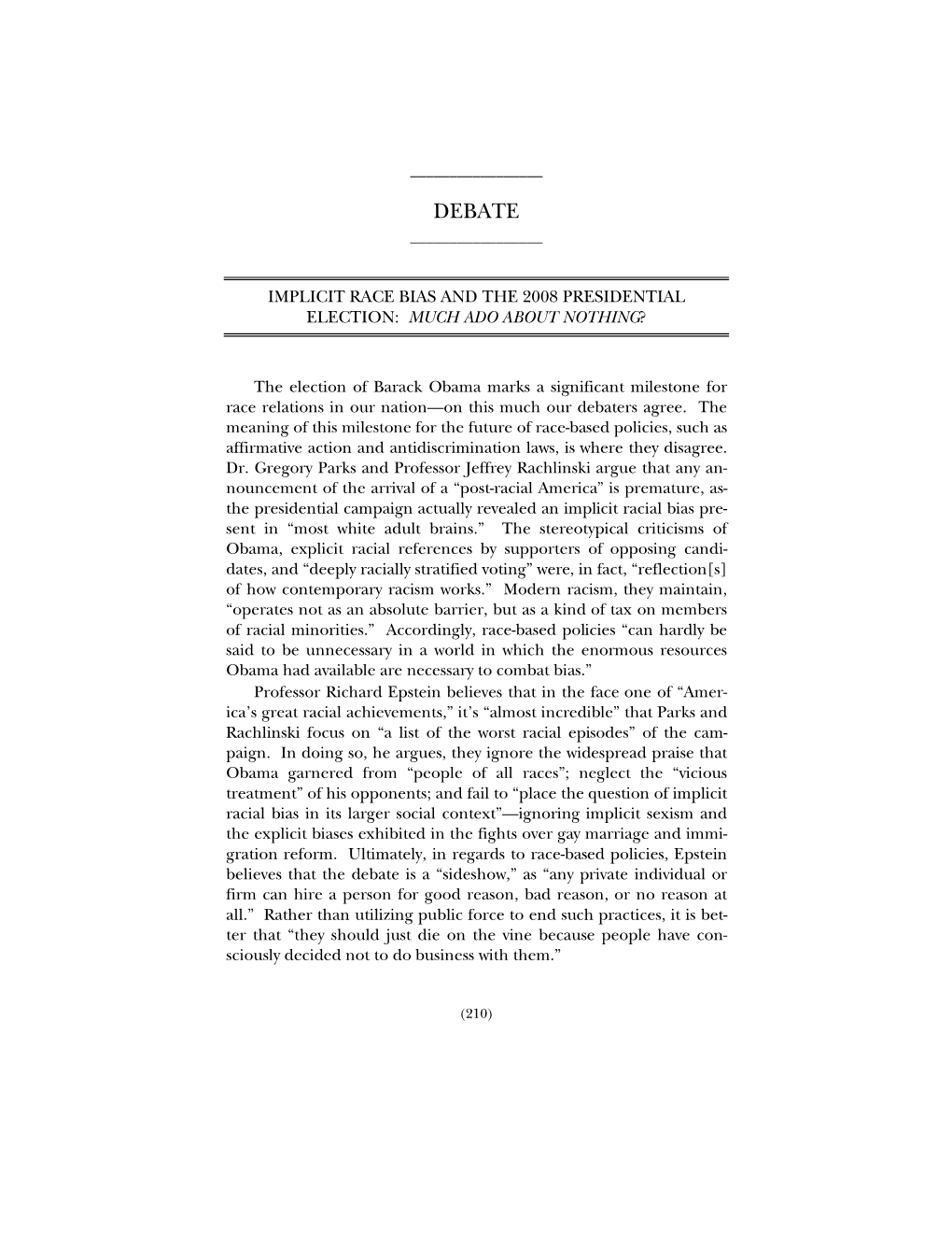 Implicit Race Bias and the 2008 Presidential Election: Much Ado About Nothing?