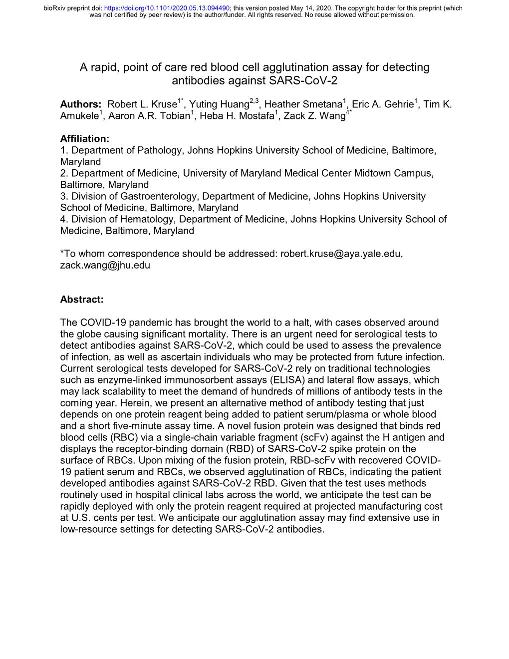 A Rapid, Point of Care Red Blood Cell Agglutination Assay for Detecting Antibodies Against SARS-Cov-2