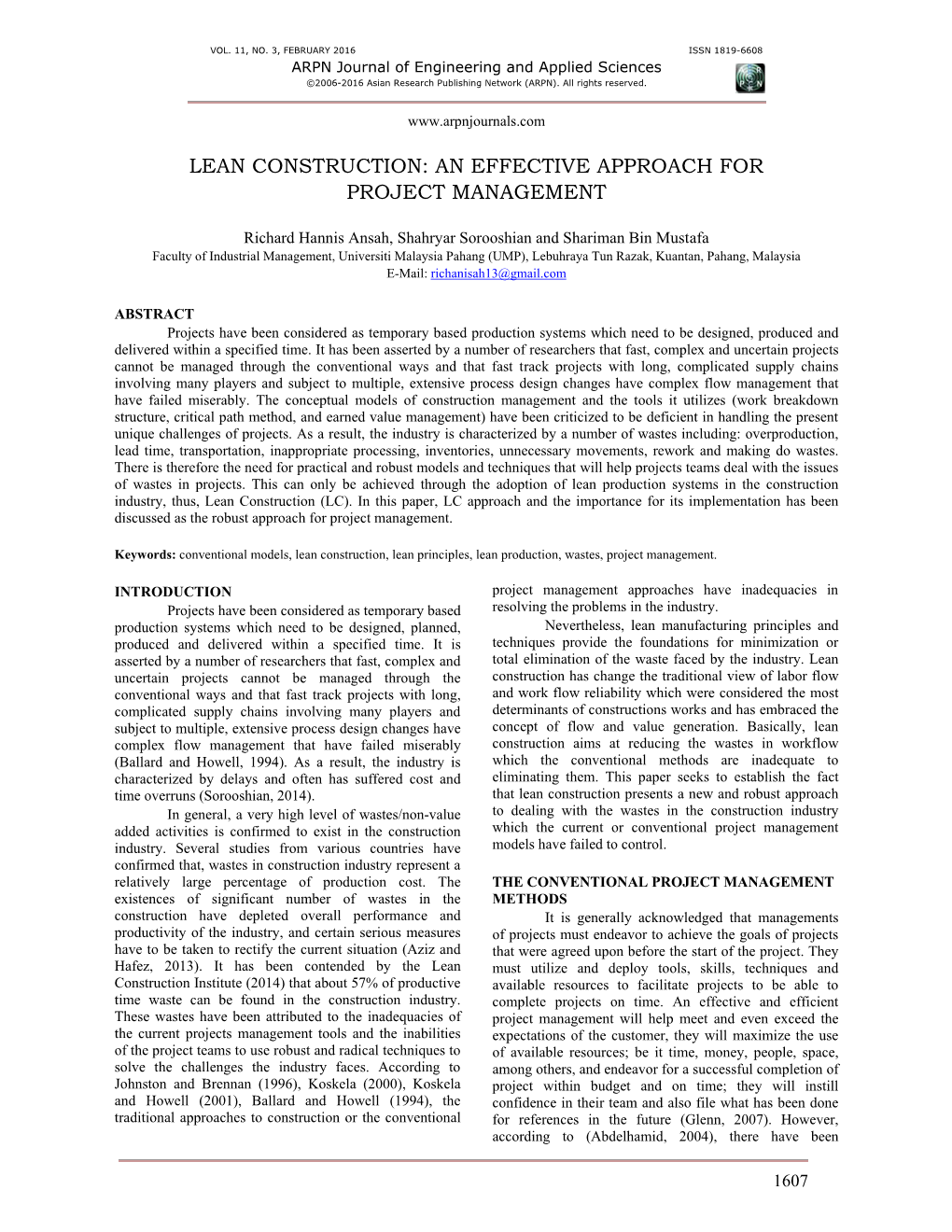 Lean Construction: an Effective Approach for Project Management