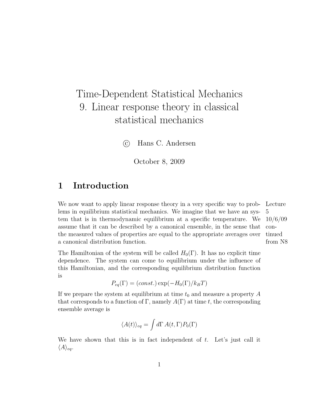 Time-Dependent Statistical Mechanics 9. Linear Response Theory in Classical Statistical Mechanics