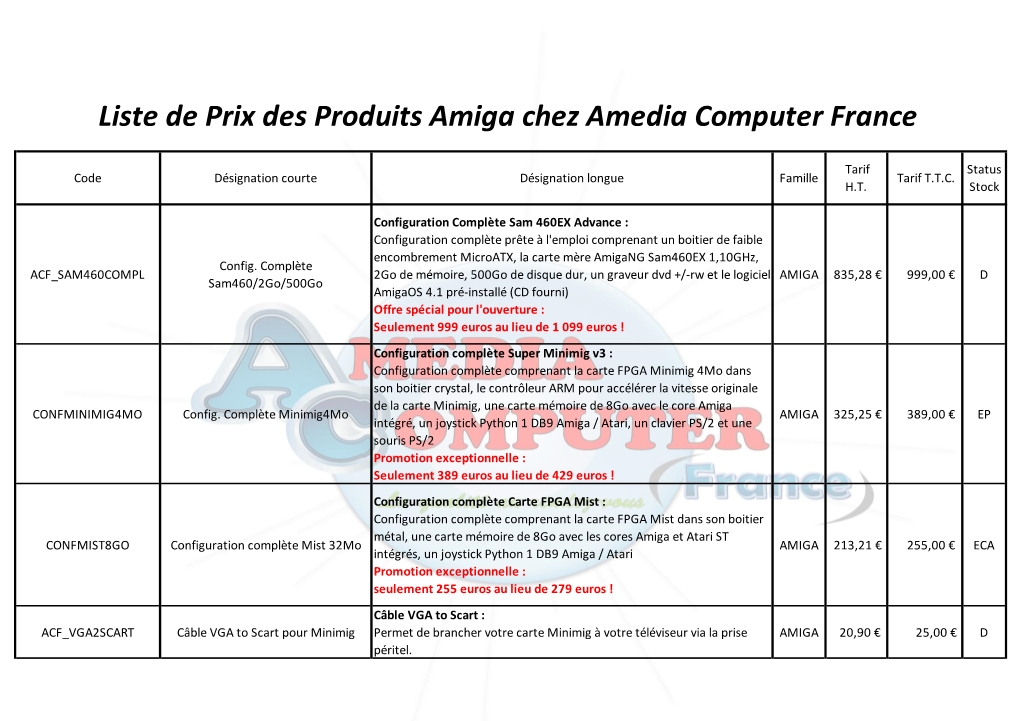 Liste De Prix Des Produits Amiga Chez Amedia Computer France