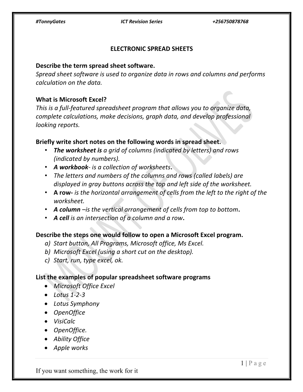 1 | Page If You Want Something, the Work for It ELECTRONIC SPREAD SHEETS Describe the Term Spread Sheet Software. Spread Sheet S