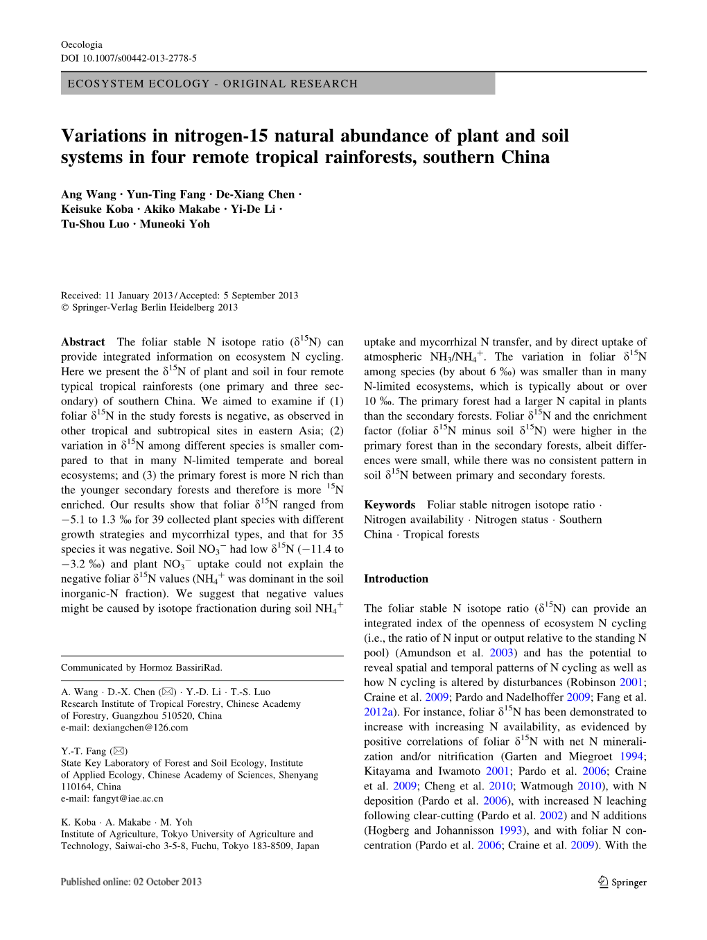 Variations in Nitrogen-15 Natural Abundance of Plant and Soil Systems in Four Remote Tropical Rainforests, Southern China