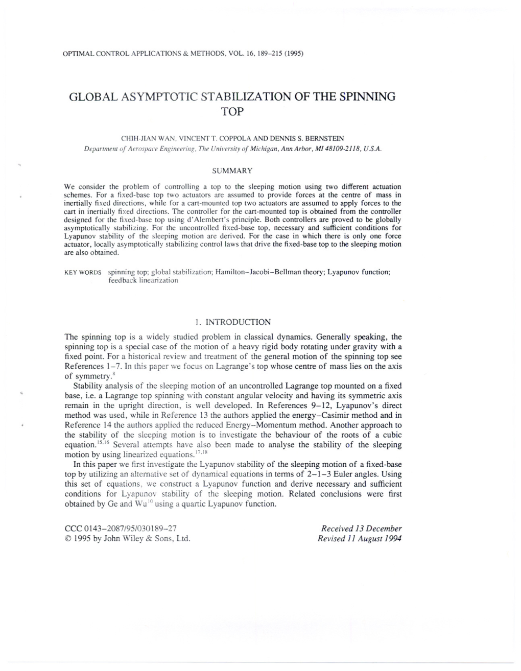 Global Asymptotic Stabiliza Tion of the Spinning Top