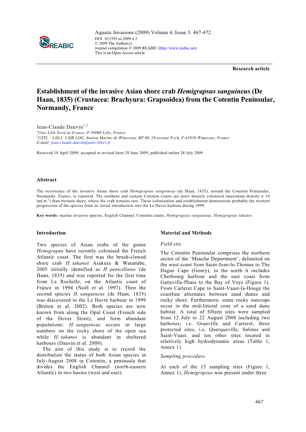 Establishment of the Invasive Asian Shore Crab Hemigrapsus Sanguineus