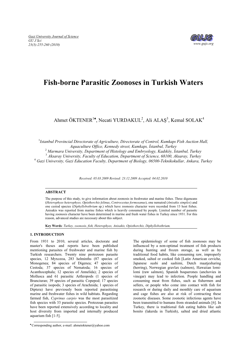 Fish-Borne Parasitic Zoonoses in Turkish Waters