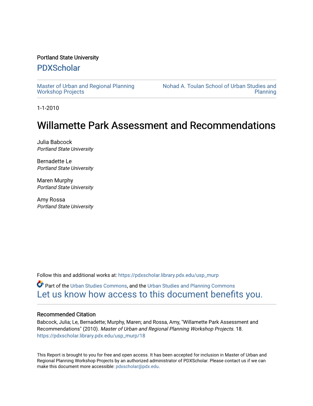 Willamette Park Assessment and Recommendations