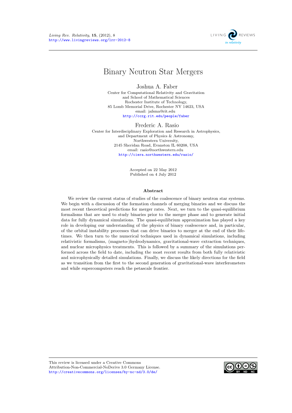 Binary Neutron Star Mergers