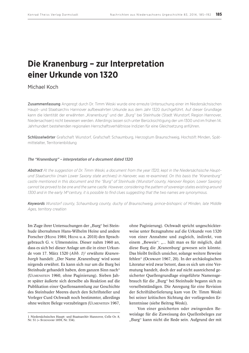 Die Kranenburg – Zur Interpretation Einer Urkunde Von 1320 Michael Koch