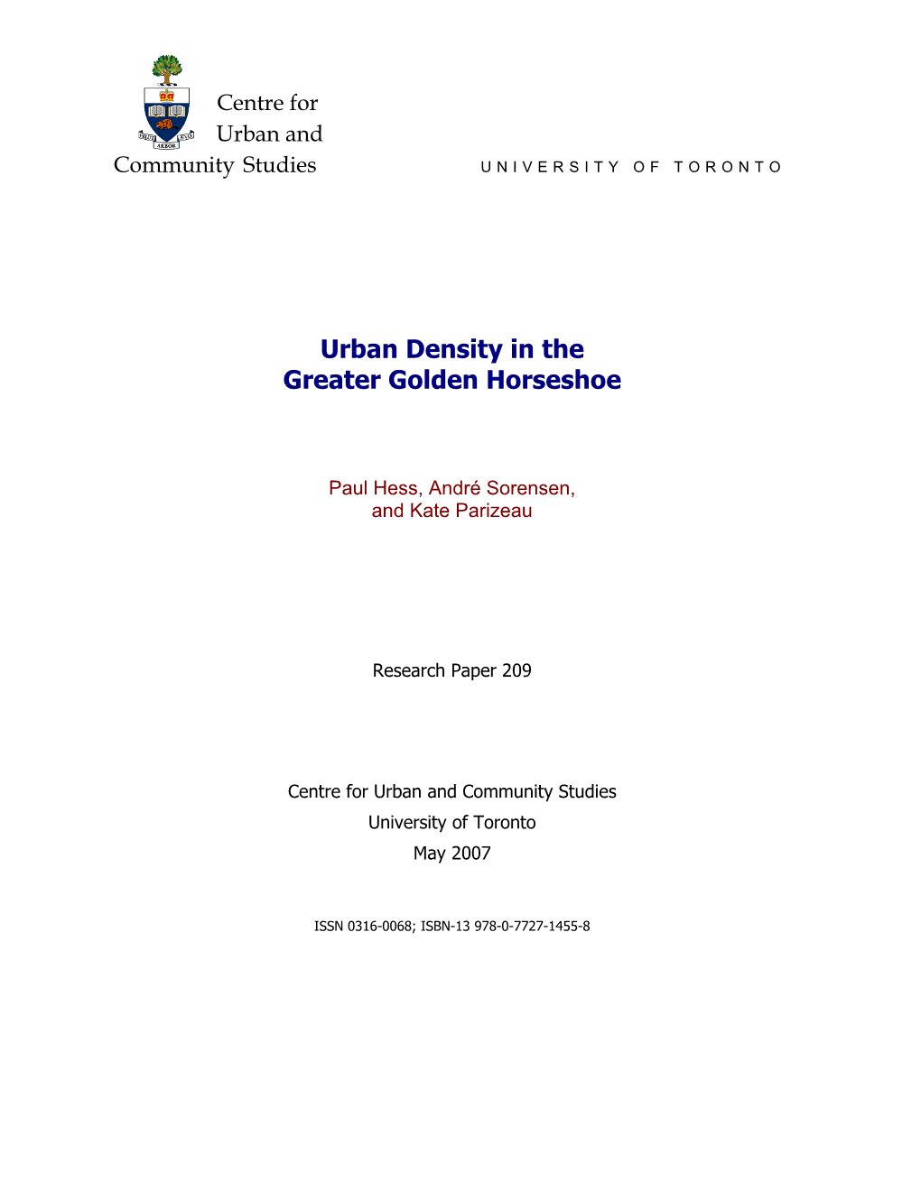 Urban Density in the Greater Golden Horseshoe