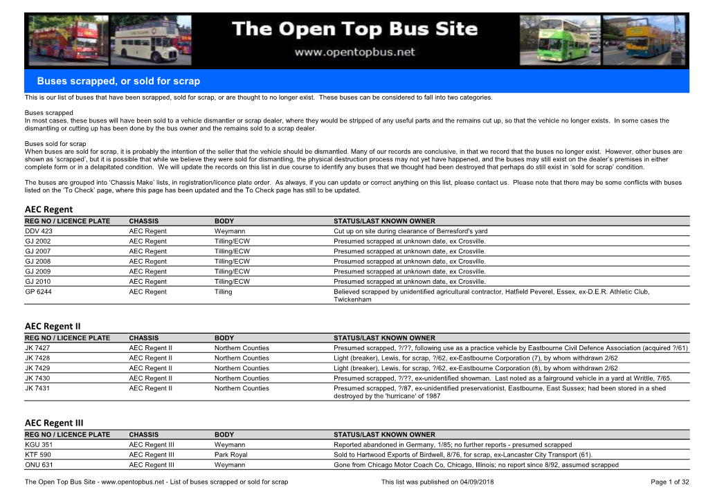 Buses Scrapped, Or Sold for Scrap AEC Regent II