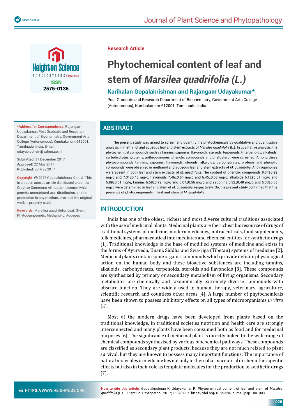 Phytochemical Content of Leaf and Stem of Marsilea Quadrifolia (L.)