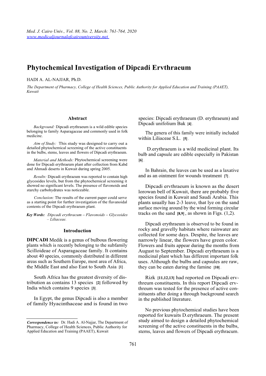 Phytochemical Investigation of Dipcadi Ervthraeum