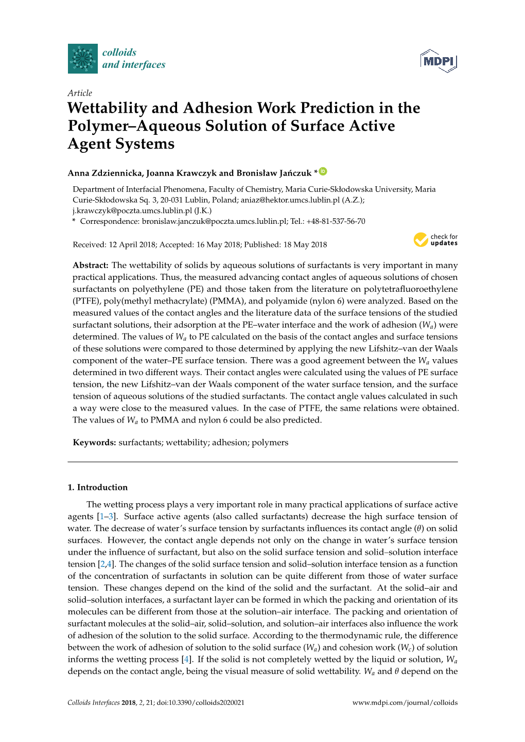 Wettability and Adhesion Work Prediction in the Polymer–Aqueous Solution of Surface Active Agent Systems