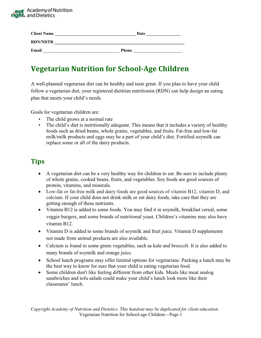 Vegetarian Nutrition for School-Age Children