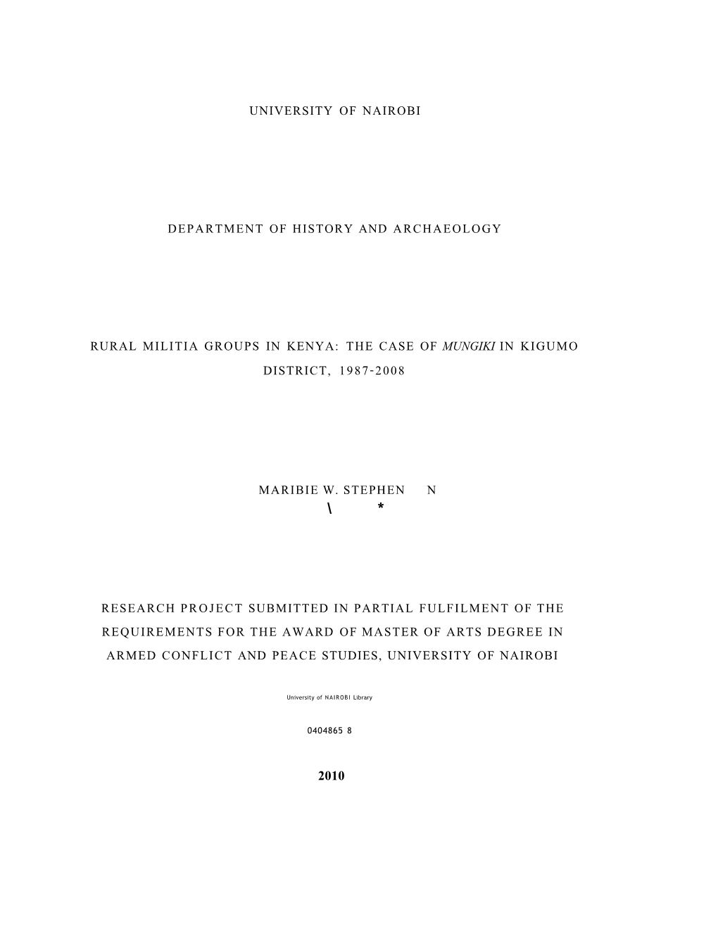 The Case of Mungiki in Kigumo District, 1987-2008