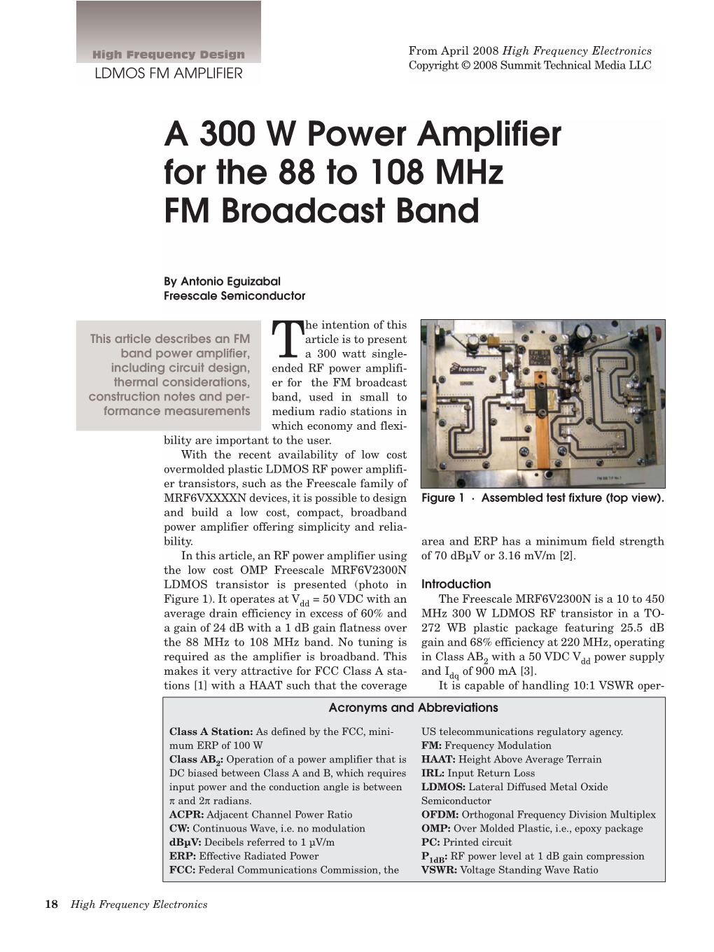 A 300 W Power Amplifier for the 88 to 108 Mhz FM Broadcast Band