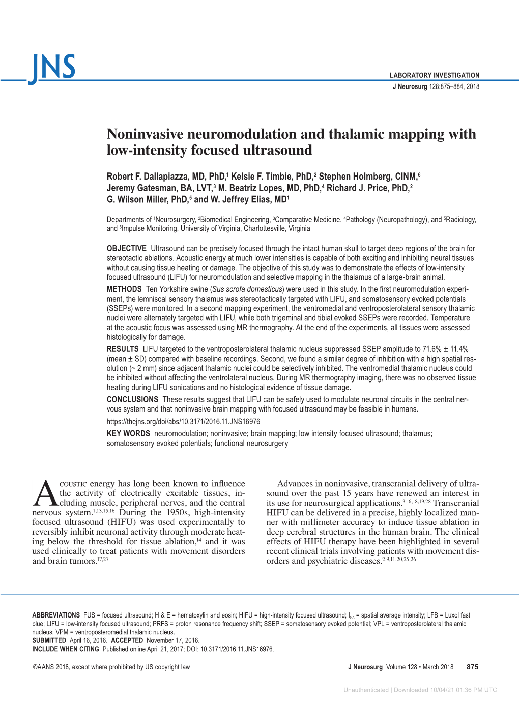 Noninvasive Neuromodulation and Thalamic Mapping with Low-Intensity Focused Ultrasound