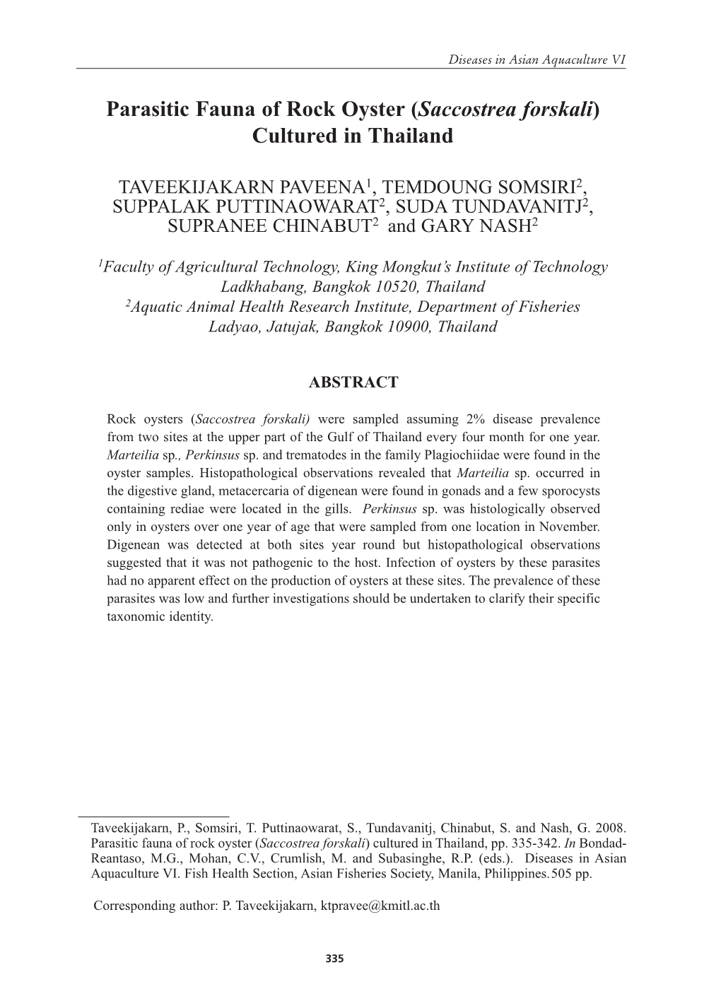 Parasitic Fauna of Rock Oyster (Saccostrea Forskali) Cultured in Thailand