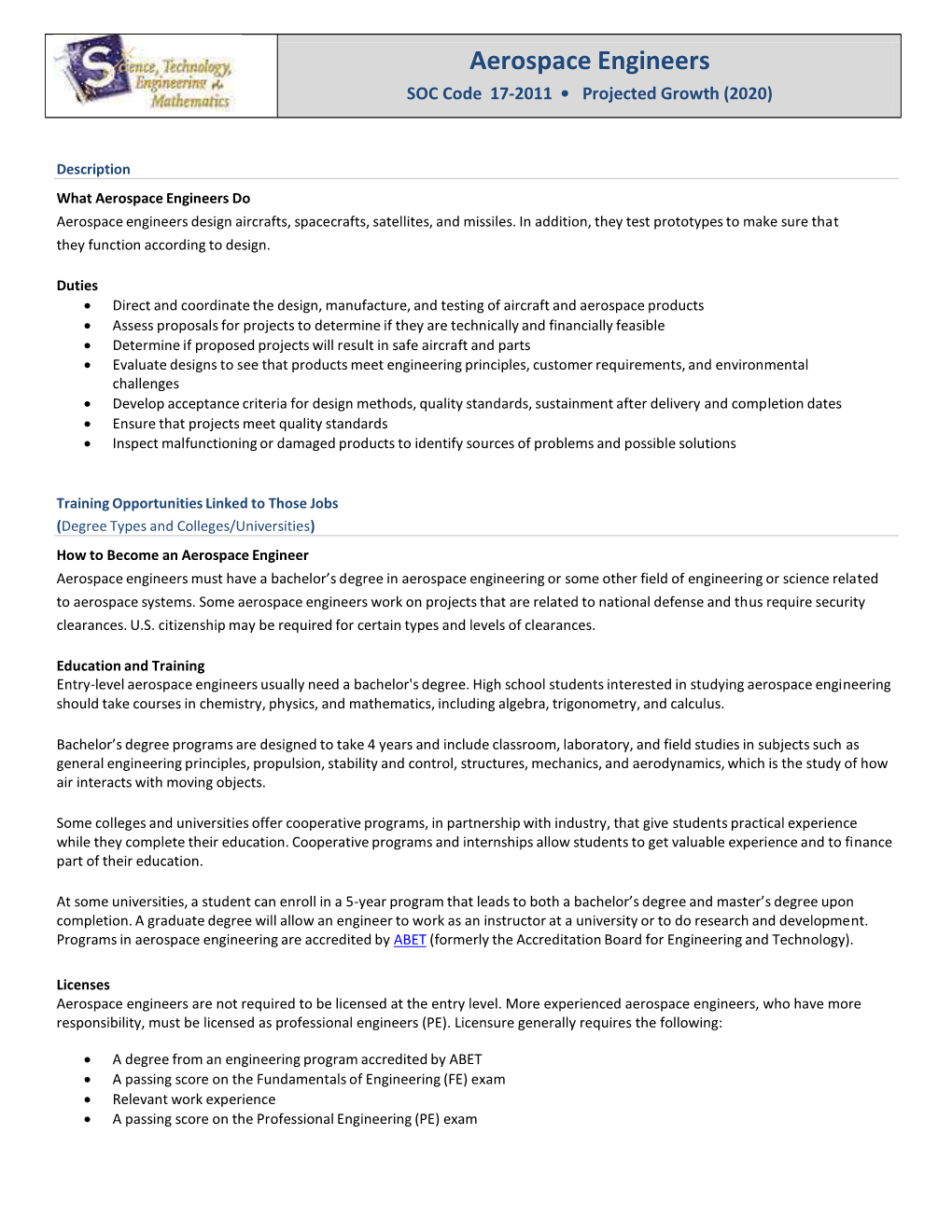 Aerospace Engineers SOC Code 17‐2011 • Projected Growth (2020)