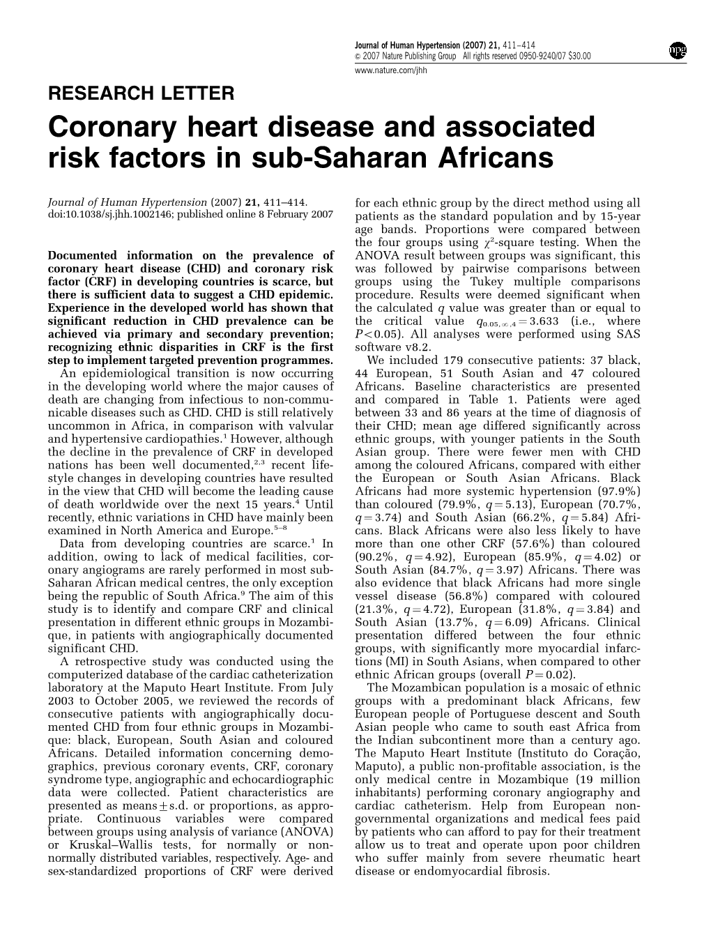 Coronary Heart Disease and Associated Risk Factors in Sub-Saharan Africans