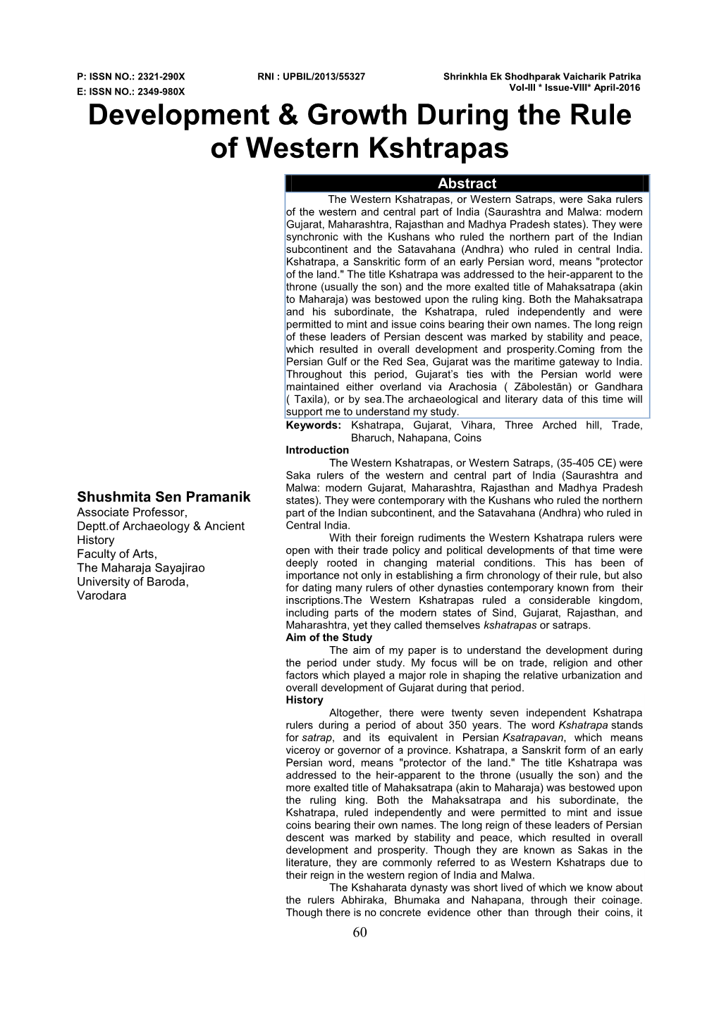 Development & Growth During Western Kshtrapas Shushmita Sen