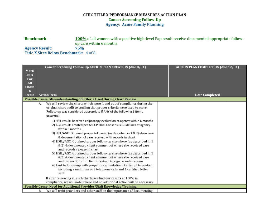 Cfhc Title X Performance Measures Action Plan