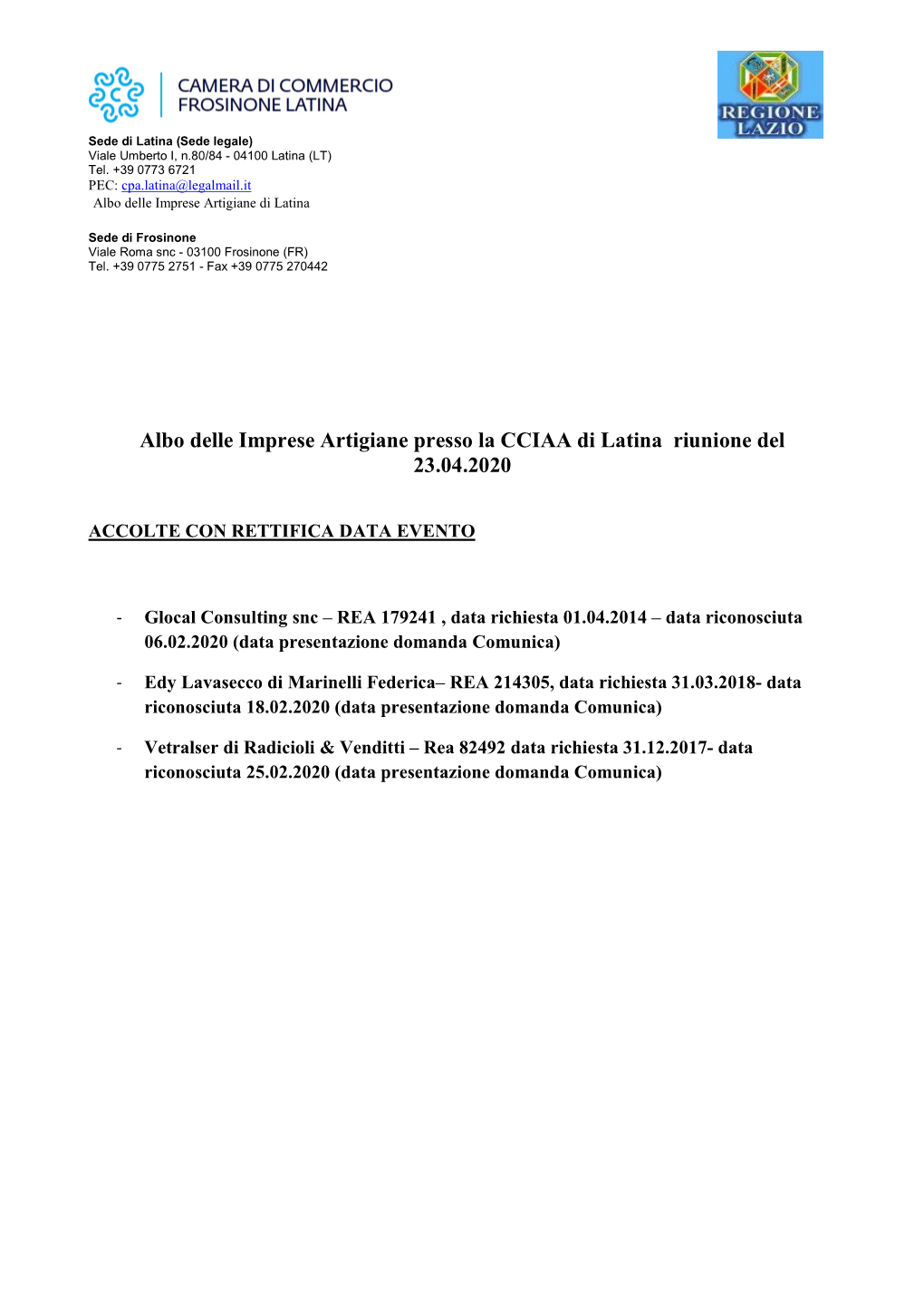 Albo Delle Imprese Artigiane Presso La CCIAA Di Latina Riunione Del 23.04.2020