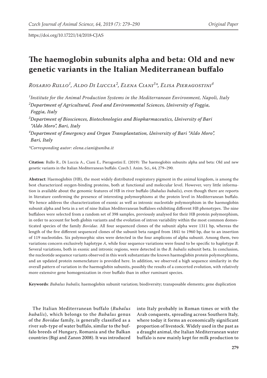 The Haemoglobin Subunits Alpha and Beta: Old and New Genetic Variants in the Italian Mediterranean Buffalo
