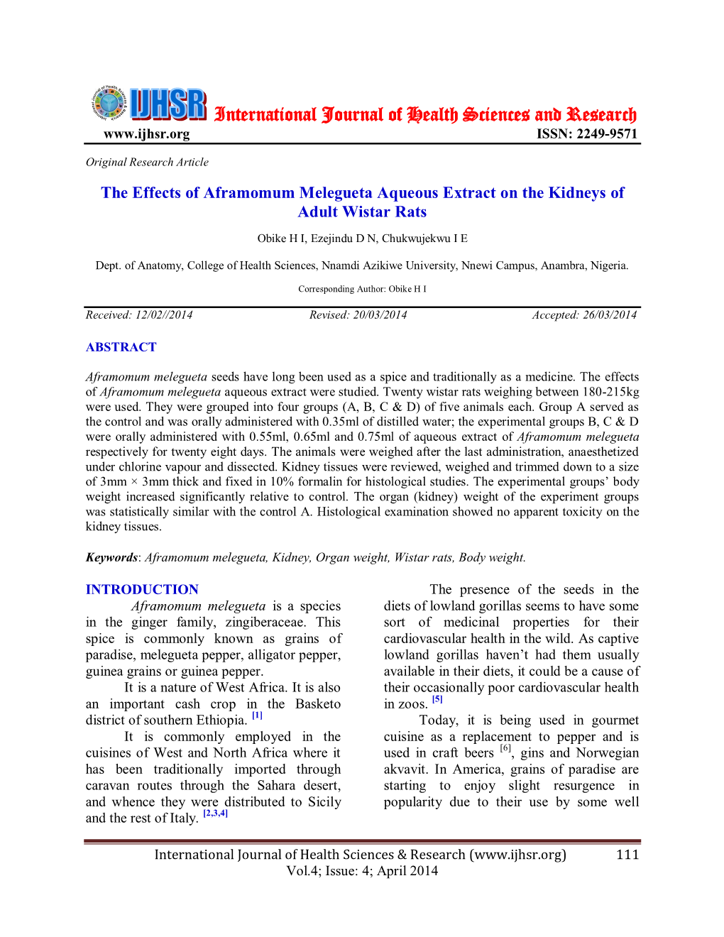 The Effects of Aframomum Melegueta Aqueous Extract on the Kidneys of Adult Wistar Rats