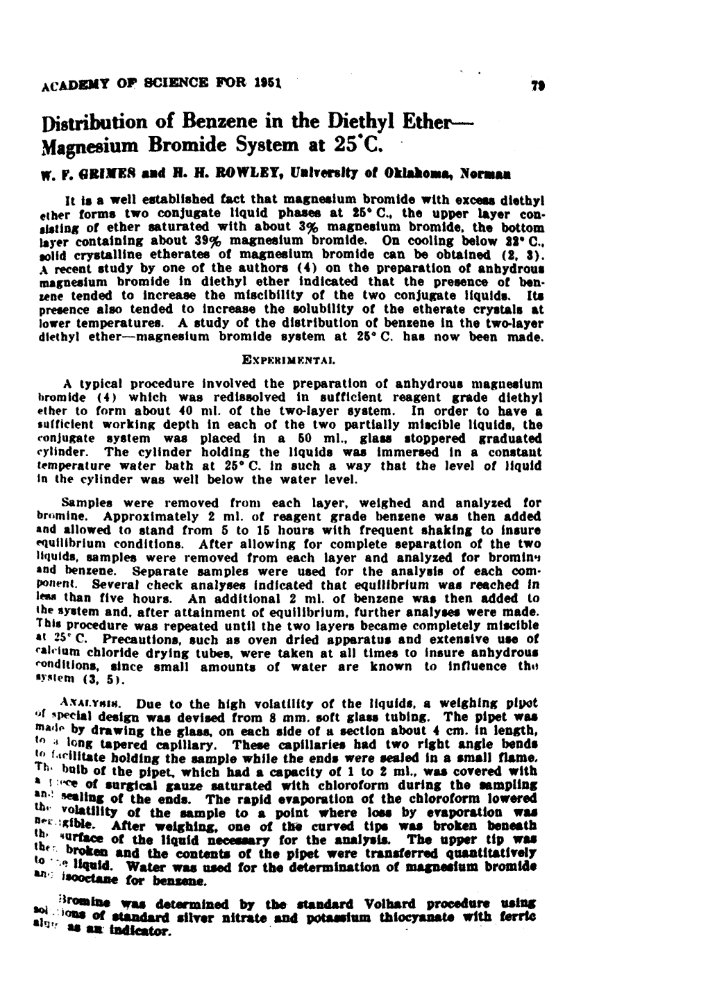 Distribution of Benzene in the Diethyl Ether-Magnesium Bromide System