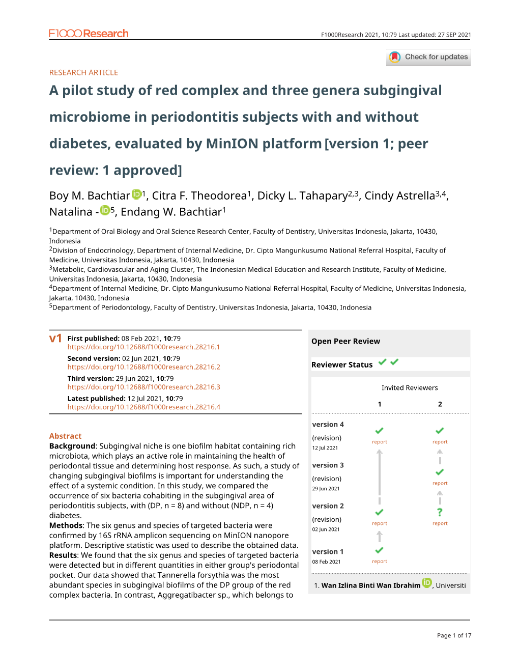 A Pilot Study of Red Complex and Three Genera