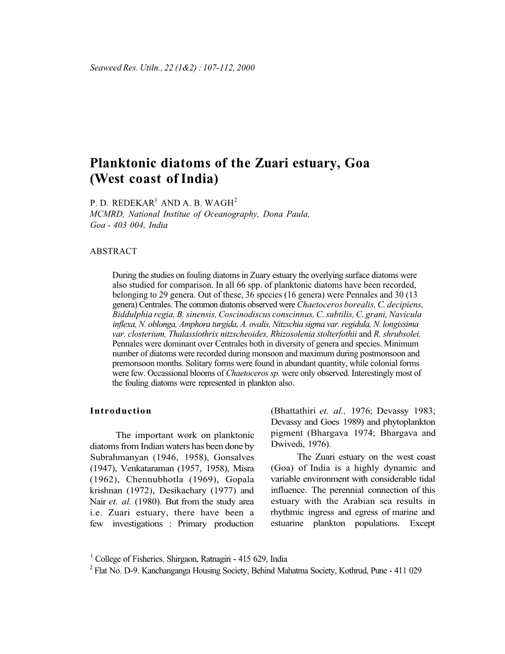 Planktonic Diatoms of the Zuari Estuary, Goa (West Coast of India)