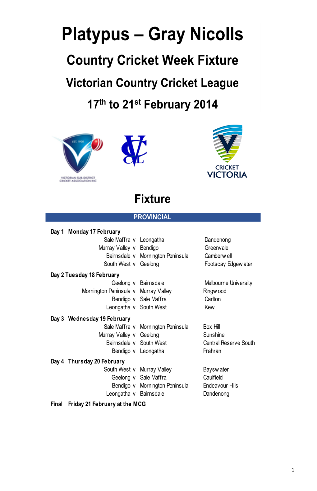 Gray Nicolls Country Cricket Week Fixture Victorian Country Cricket League 17Th to 21St February 2014