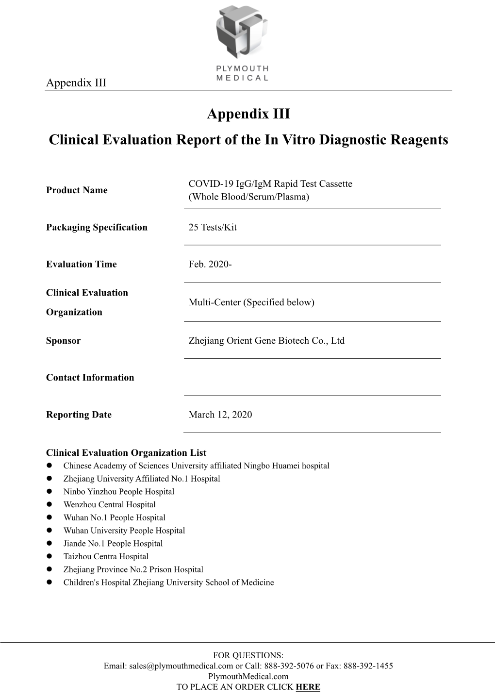 Appendix III Clinical Evaluation Report of the in Vitro Diagnostic Reagents