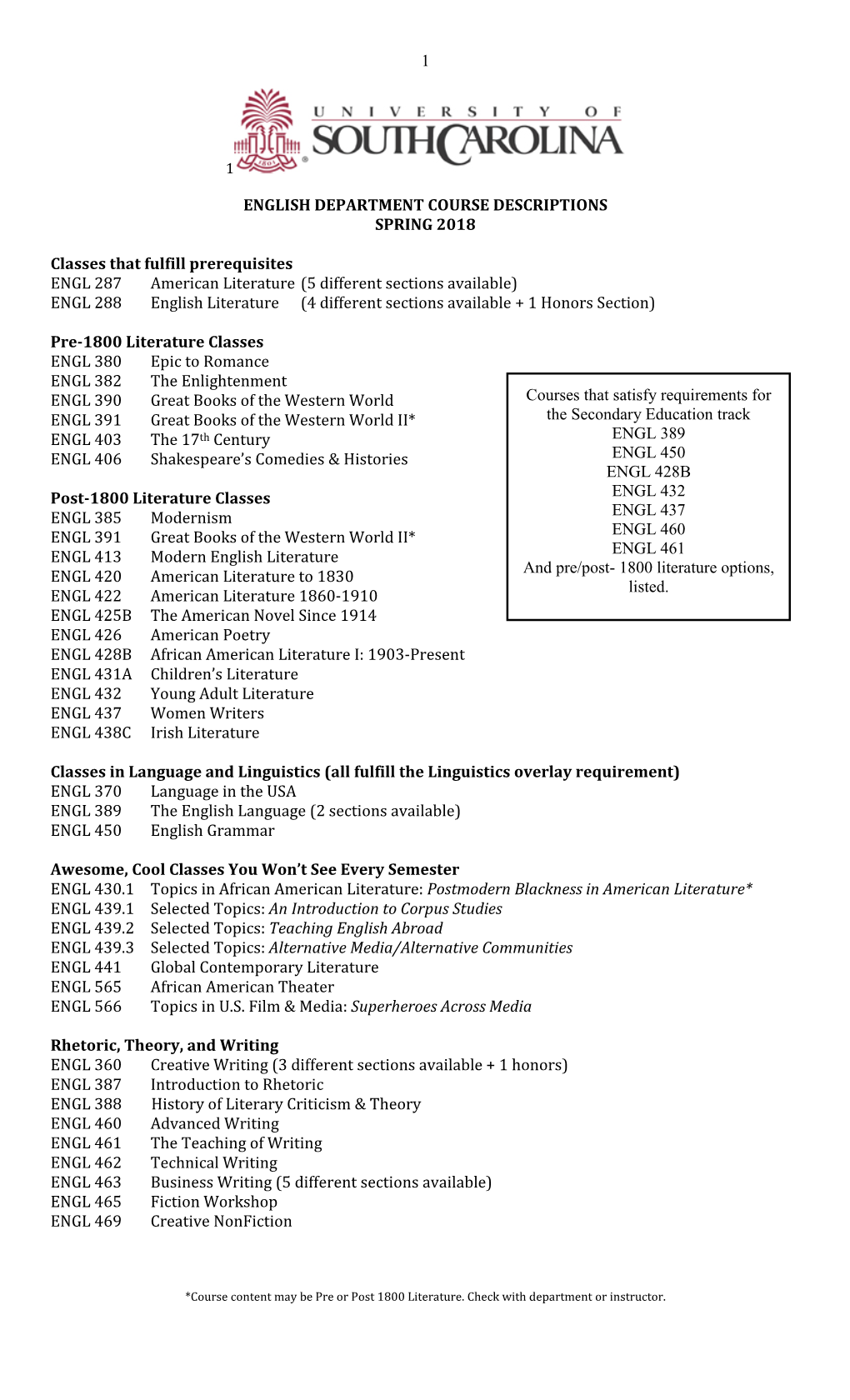 1 English Department Course Descriptions Spring 2018