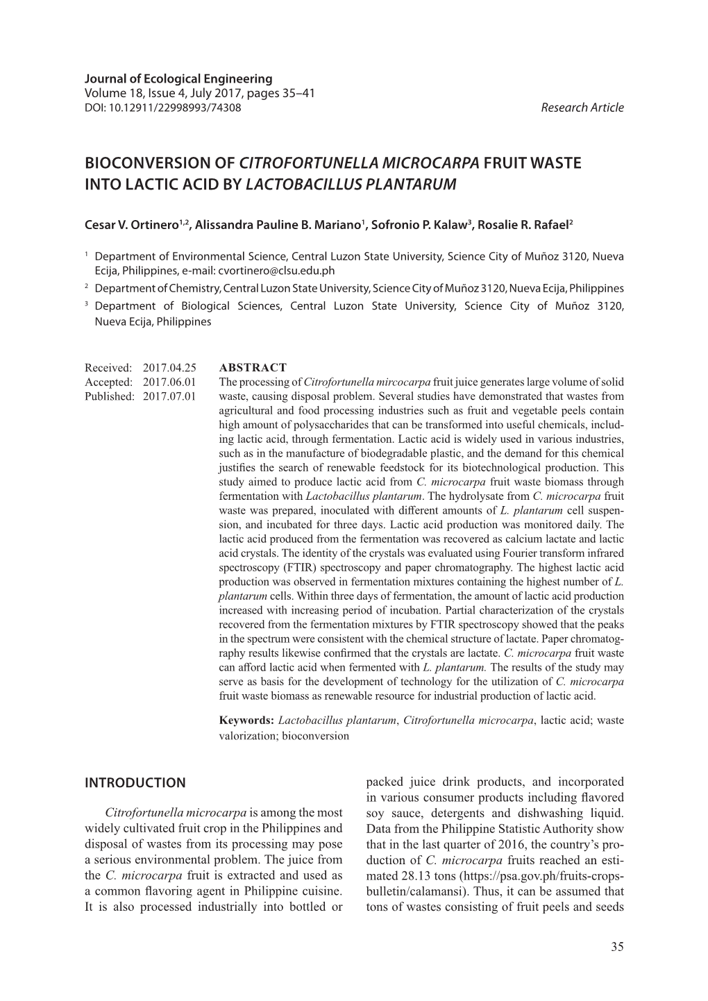 Bioconversion of Citrofortunella Microcarpa Fruit Waste Into Lactic Acid by Lactobacillus Plantarum