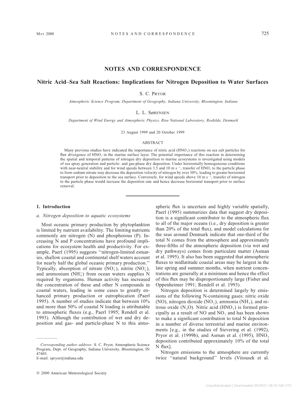 NOTES and CORRESPONDENCE Nitric Acid–Sea Salt Reactions