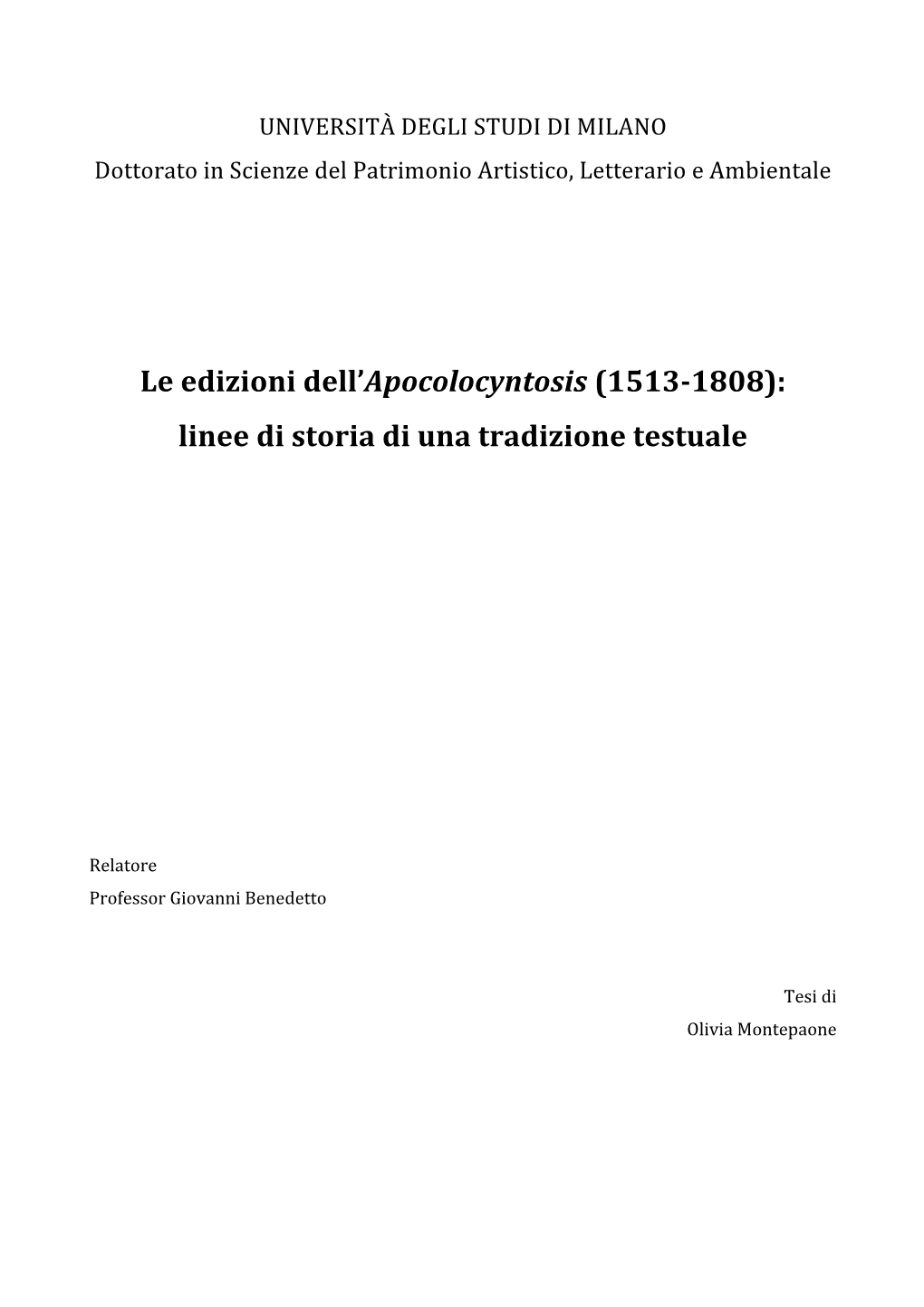 Le Edizioni Dell'apocolocyntosis (1513-1808)