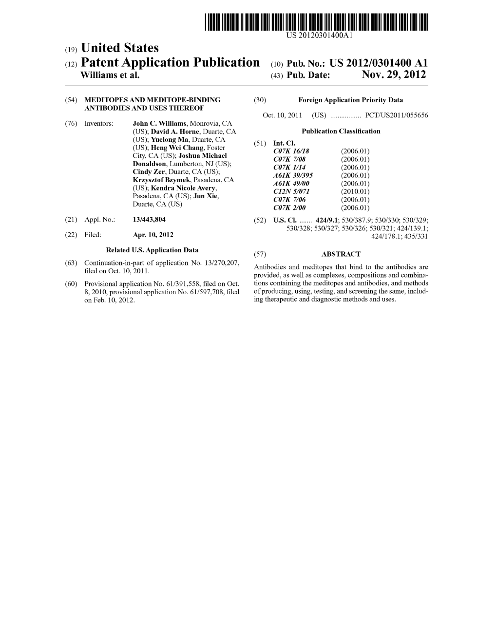 Patent Application Publication Oo) Pub. No.: US 2012/0301400 Al Williams Et Al