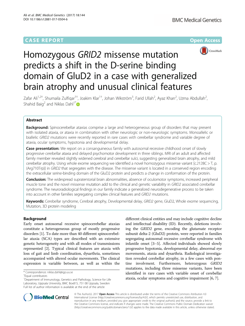 Homozygous GRID2 Missense Mutation Predicts a Shift in the D