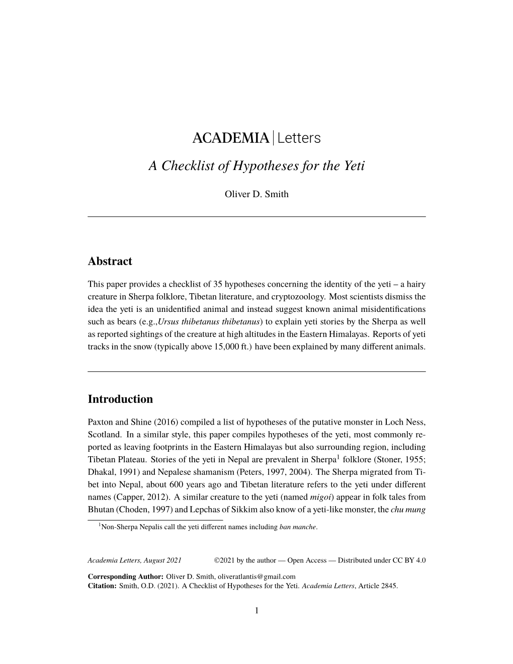 ACADEMIA Letters a Checklist of Hypotheses for the Yeti