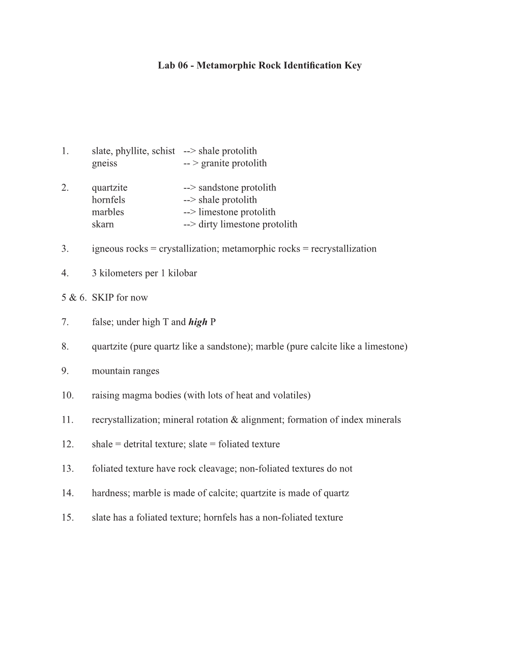 Lab 06 - Metamorphic Rock Identification Key