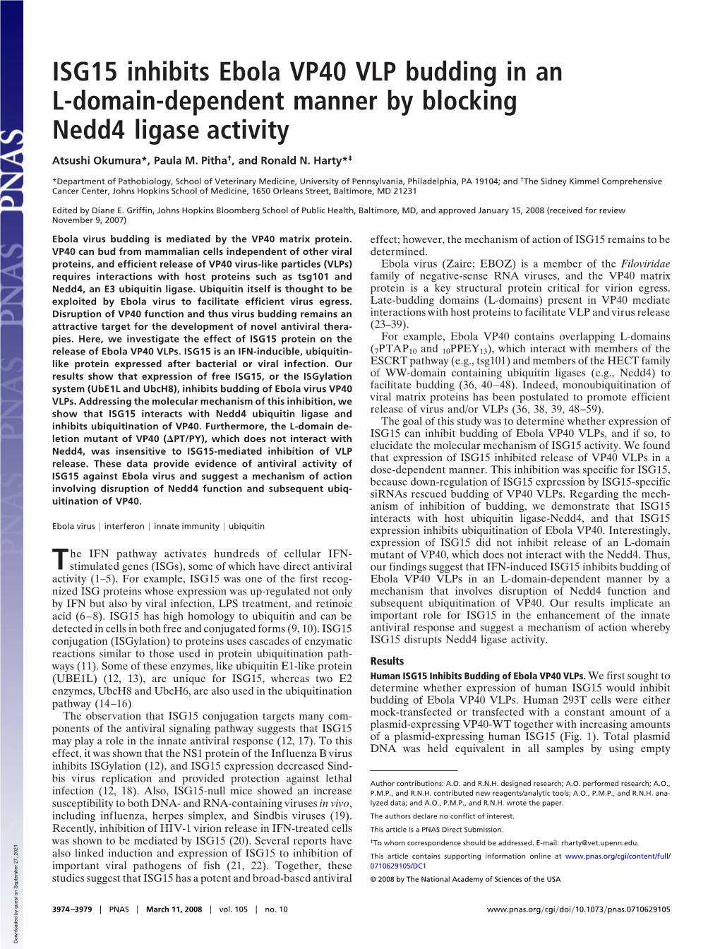 ISG15 Inhibits Ebola VP40 VLP Budding in an L-Domain-Dependent Manner by Blocking Nedd4 Ligase Activity