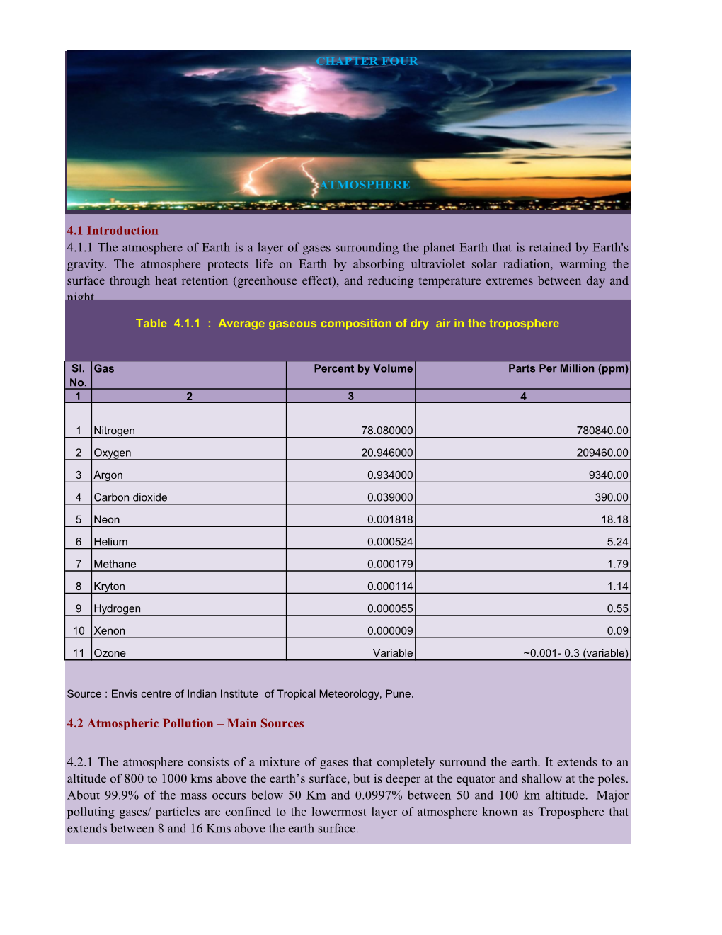 Main Sources 4.2.1 the Atmosphere Consists of a Mixture of Gases That Completely Surround the Eart