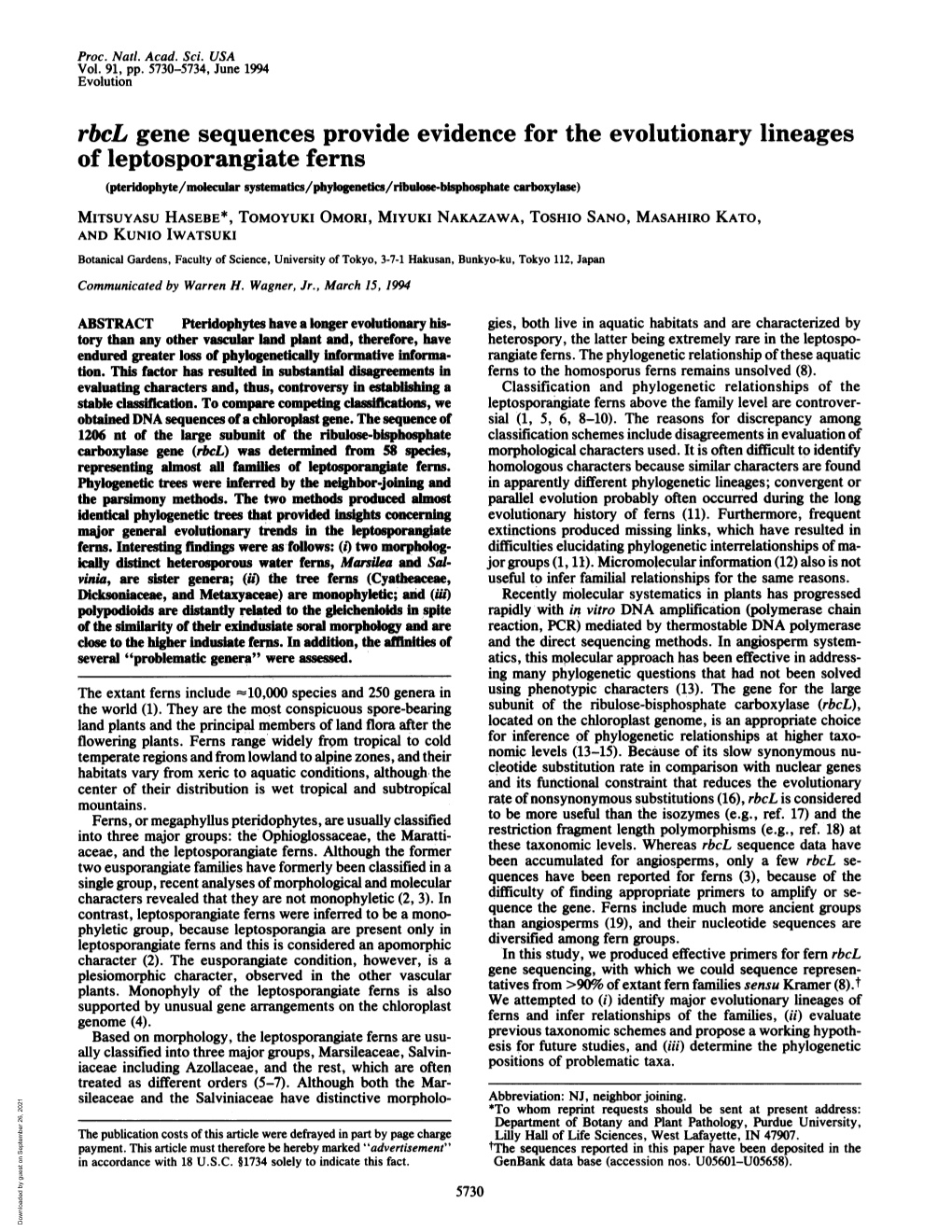 Rbcl Gene Sequences Provide Evidence for the Evolutionary